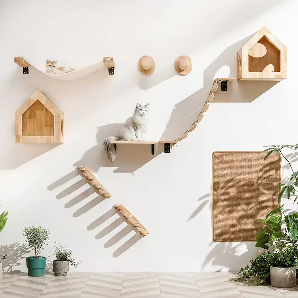 Cat climbing ladder for wall mounting made of wood with sisal