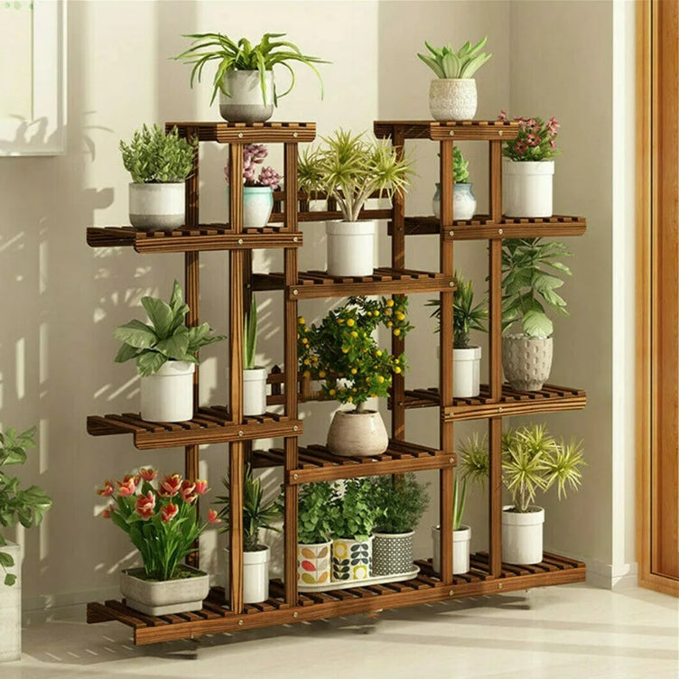 Large 11-tier Wooden Plant Shelf | Carbonized, Wide Flower Stand for Indoor & Outdoor