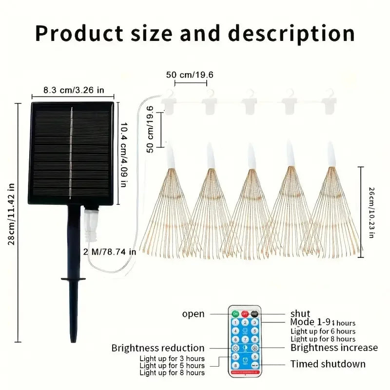 Lunaris Solar Fireworks Fairy Lights | 5×90 LEDs | 8 Modes & Remote Control | IP65 Waterproof | Garden, Terrace & Christmas