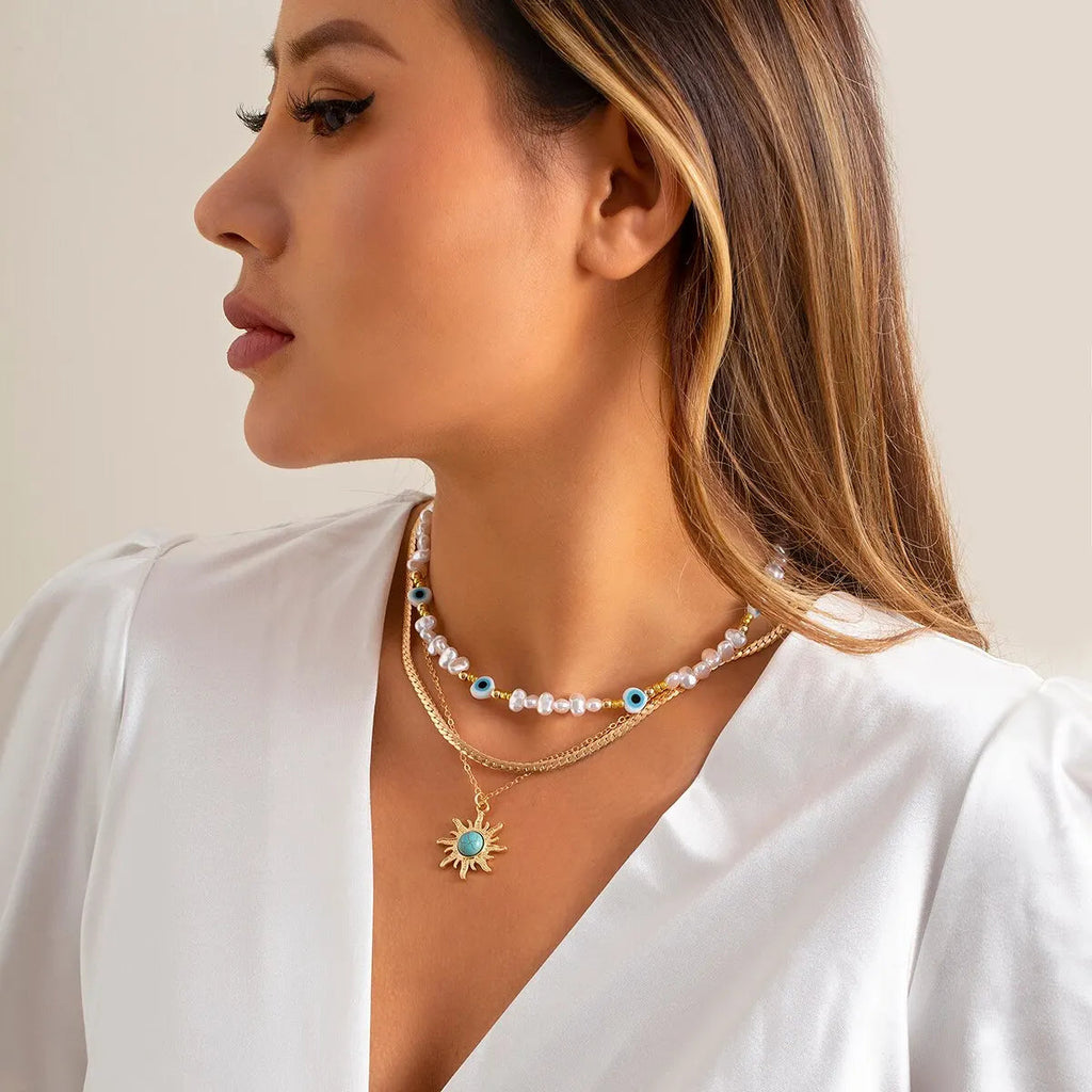 EthnoCharm Necklace Set – Sunflower & Evil Eye Accessories