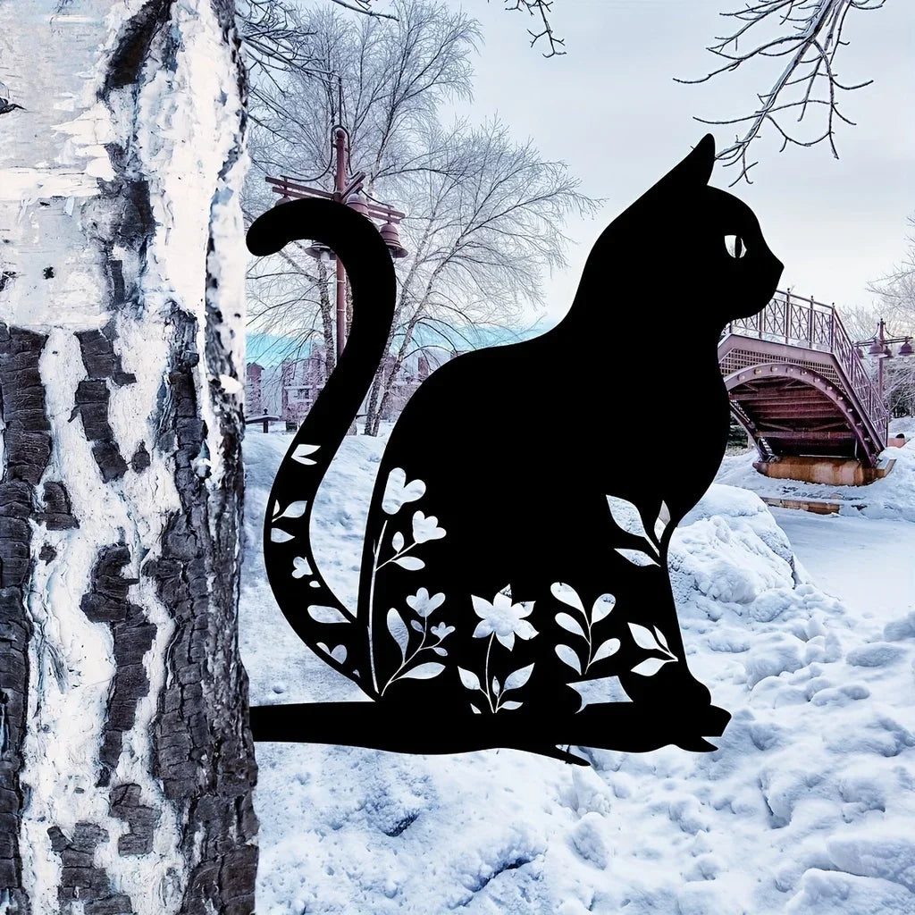Metal cat silhouette for garden and patio decoration