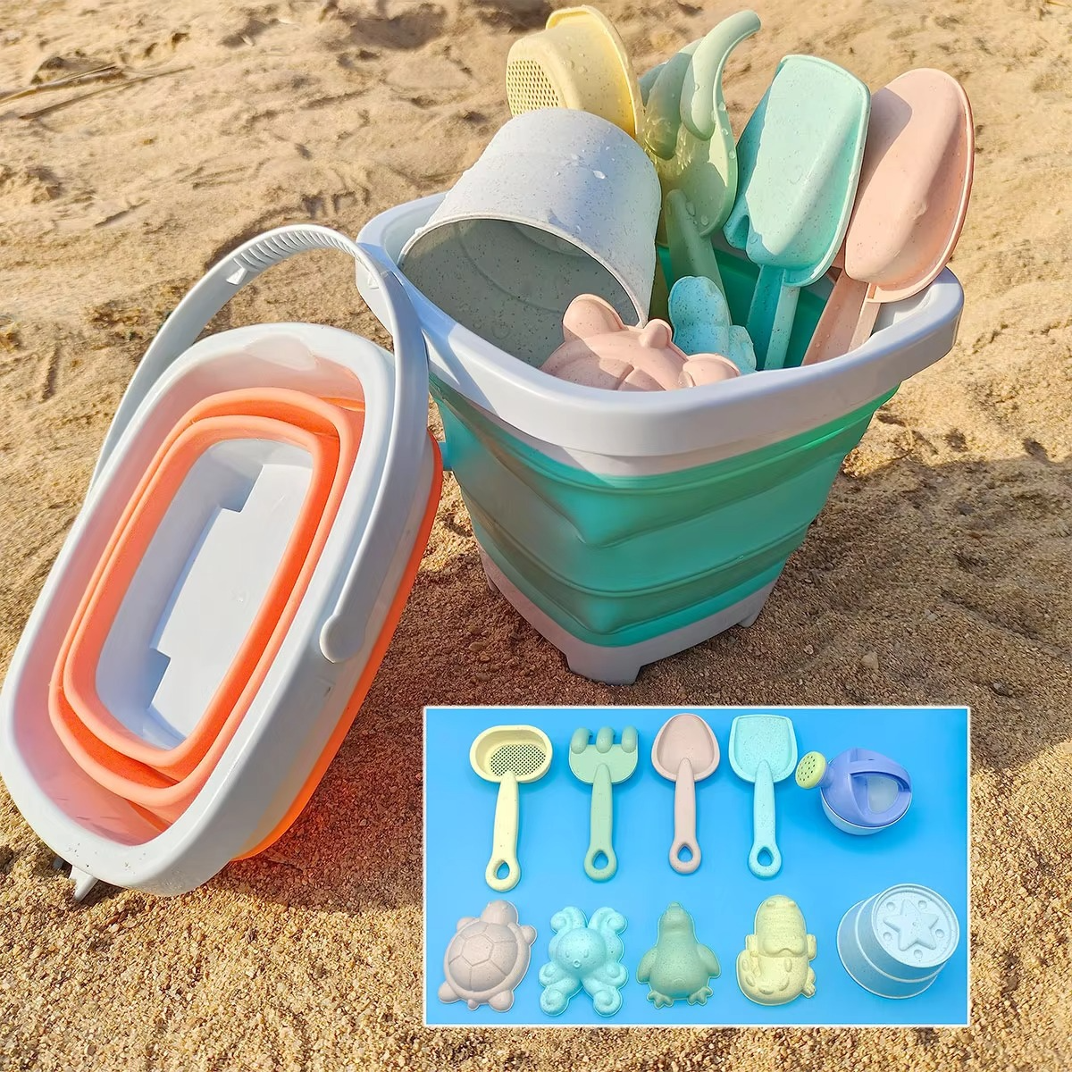 Kids Beach Sand and Water Play Set - Foldable Bucket and Accessories (1, 5, or 11 Piece Set, Random Color)