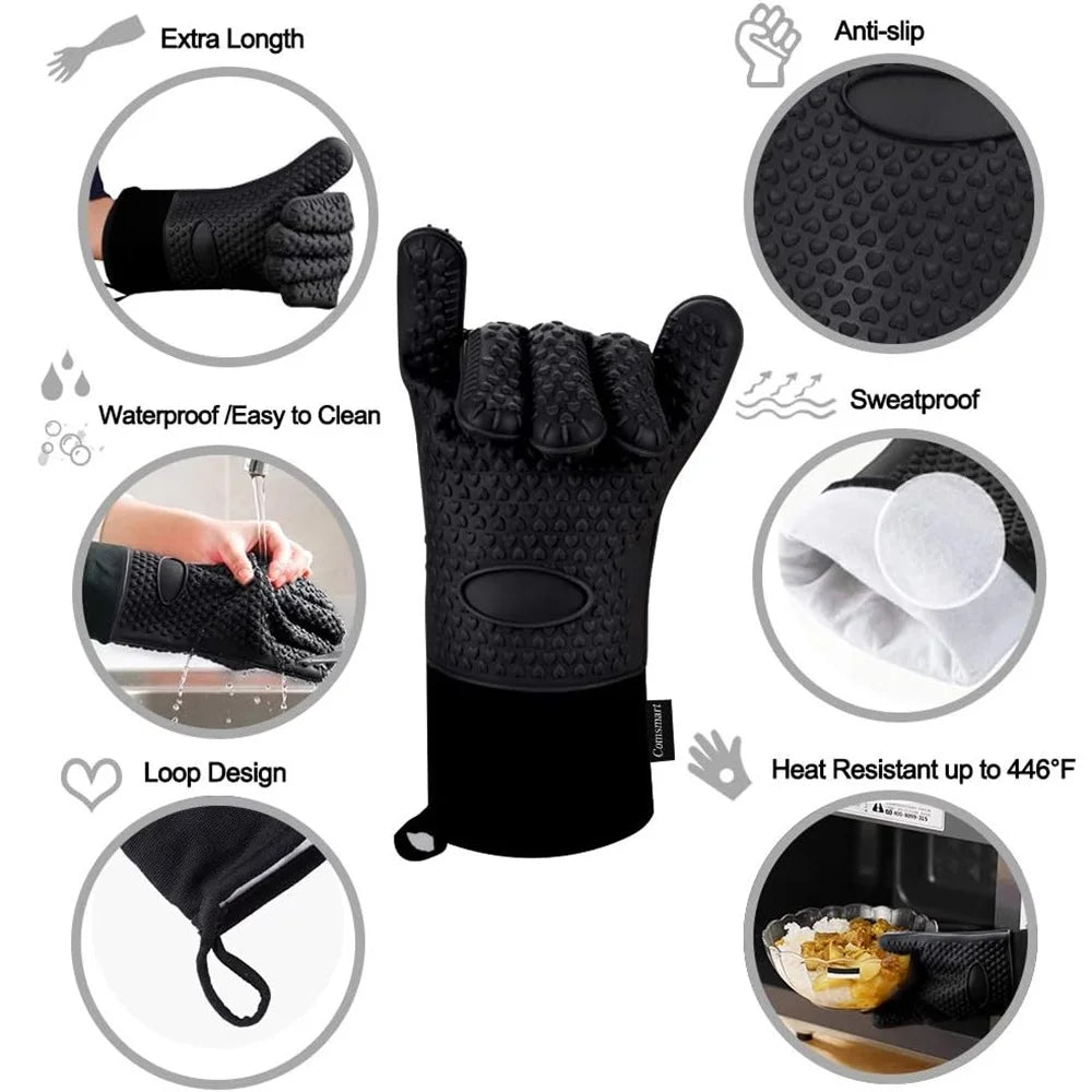 Griptermo Silicone Grill Gloves | Heat Resistant up to 260 °C | Non-Slip & Waterproof | With Cotton Lining
