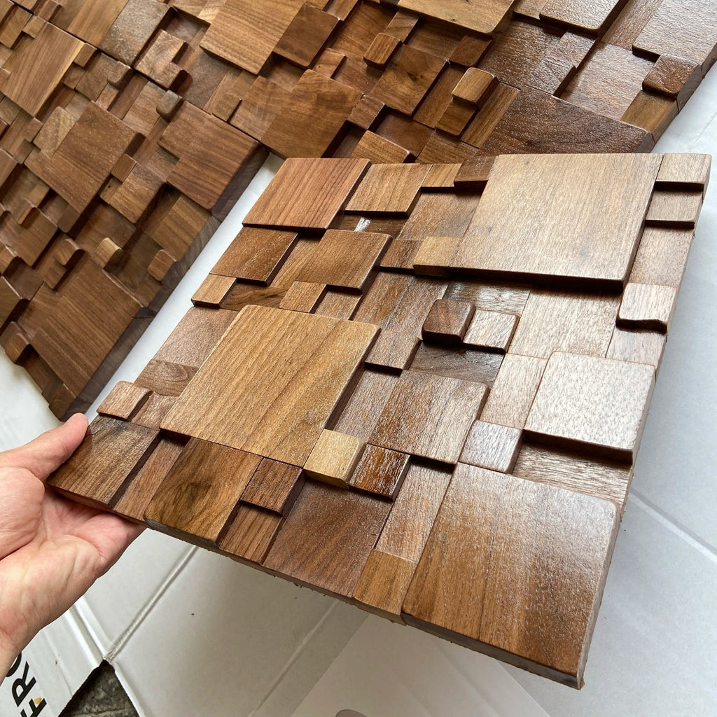 Acoustic Wood Wall Panels with Mosaic Design, Solid Beech and Walnut