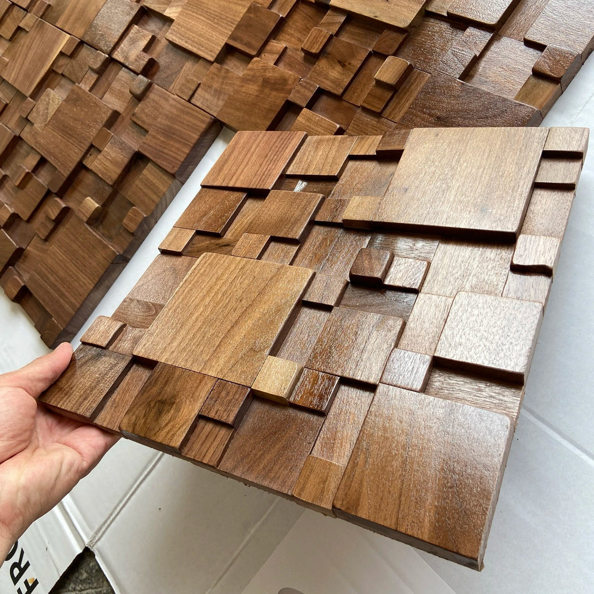Acoustic Wood Wall Panels with Mosaic Design, Solid Beech and Walnut