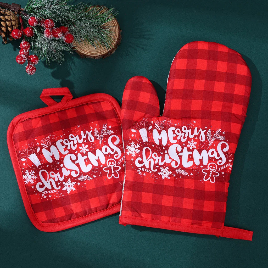 HollyHeat Oven Gloves 2-Piece Set | Christmas Baking Gloves with Festive Design | Heat Resistant Kitchen Gloves for Christmas & New Year