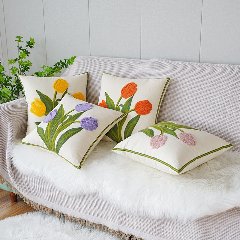Embroidered tulip cushion cover