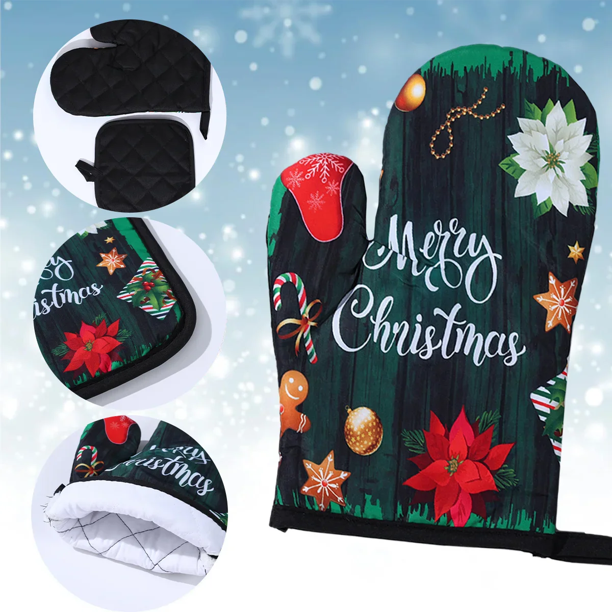 HollyHeat Oven Gloves 2-Piece Set | Christmas Baking Gloves with Festive Design | Heat Resistant Kitchen Gloves for Christmas & New Year