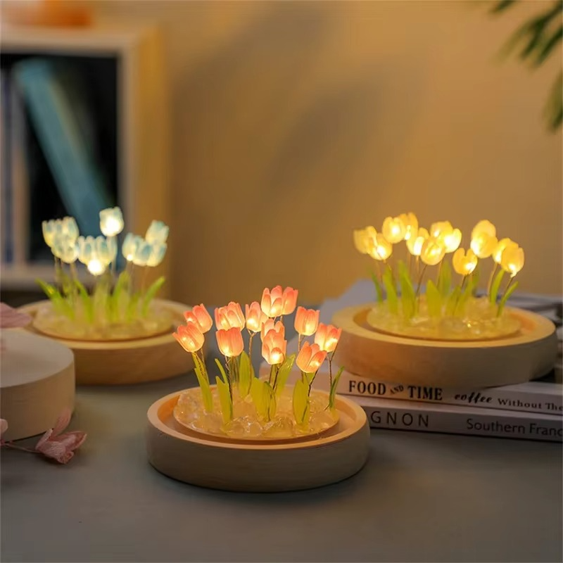 Handmade Artificial Tulip LED Night Light Bedside Table Lamp for Bedroom and Gift Decor