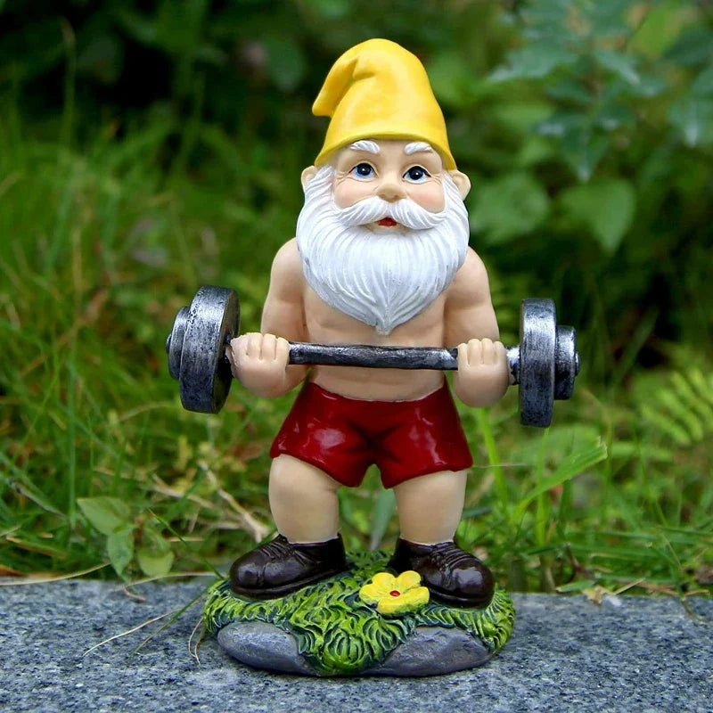 Funny Gnome Figurine made of Resin as Weightlifter for Garden Decoration