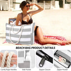 Marivalis Striped Beach Bag with Zipper | Foldable & Waterproof | Sand Resistant Canvas | For Travel & Vacation