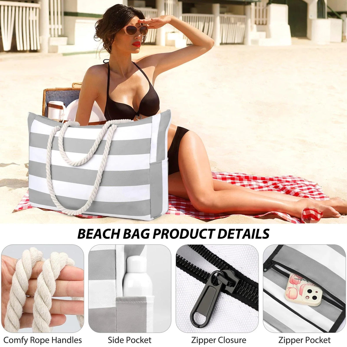 Marivalis Striped Beach Bag with Zipper | Foldable & Waterproof | Sand Resistant Canvas | For Travel & Vacation