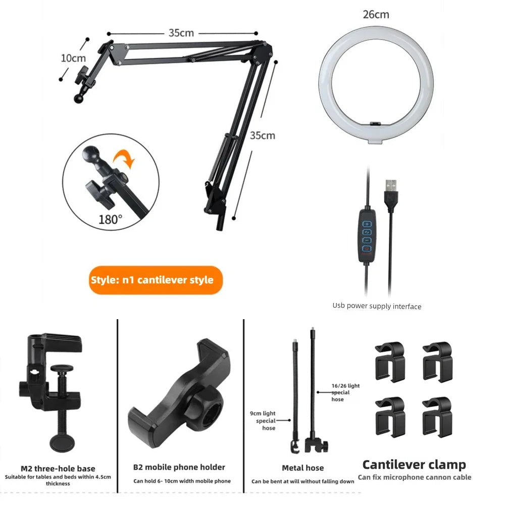 LumiFlex LED ring light with flexible arm & phone holder | 3 light colors & USB connection | Perfect for livestream, video & selfie