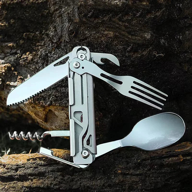 GearSpork Outdoor cutlery 6-in-1 | Foldable multifunctional cutlery made of stainless steel | Knife, fork, spoon, can opener & bottle opener | For camping & trekking