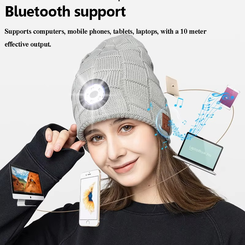 Wireless Bluetooth Music Beanie with Built‑In Headphones and LED Light