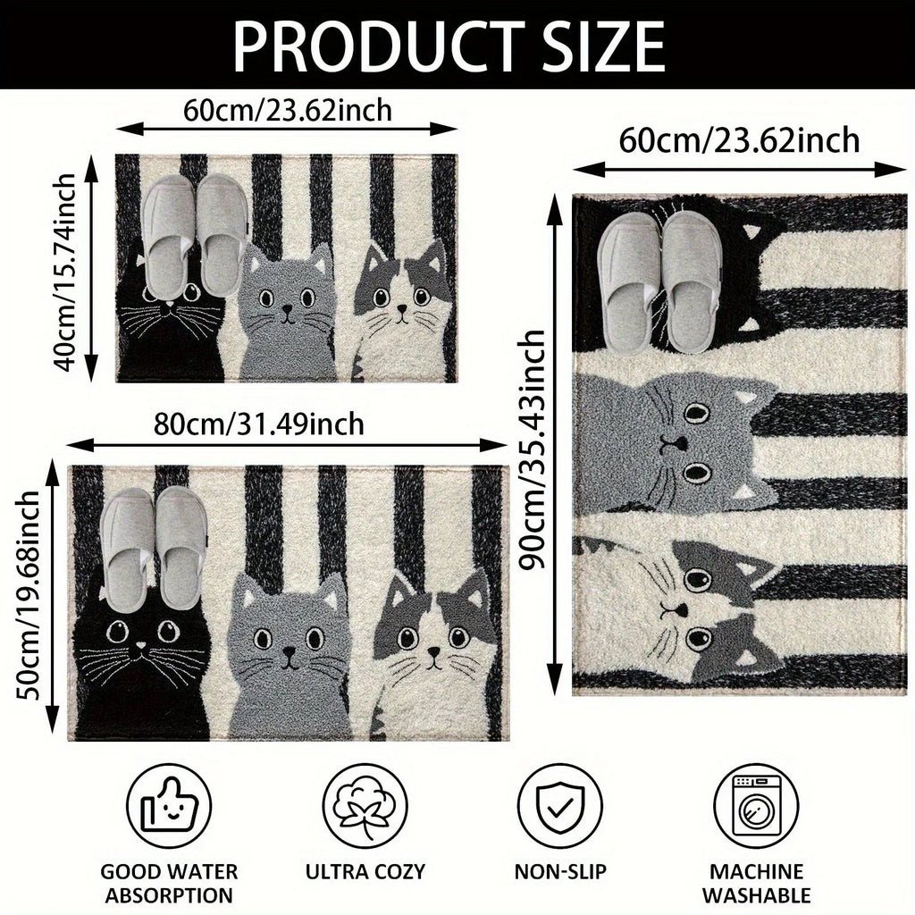 Cat Rug Miyono | Soft & Waterproof | Non-slip Mat with Stripes & Cartoon Cat Design | For Bedroom, Hallway & Living Room