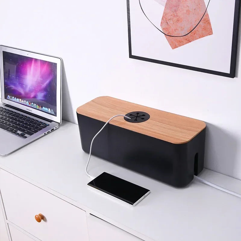 Cable Box OrgaWood | Desk Organizer made of Wood & Plastic | For Chargers, Cables & Accessories | 29.5×11.4×11 cm