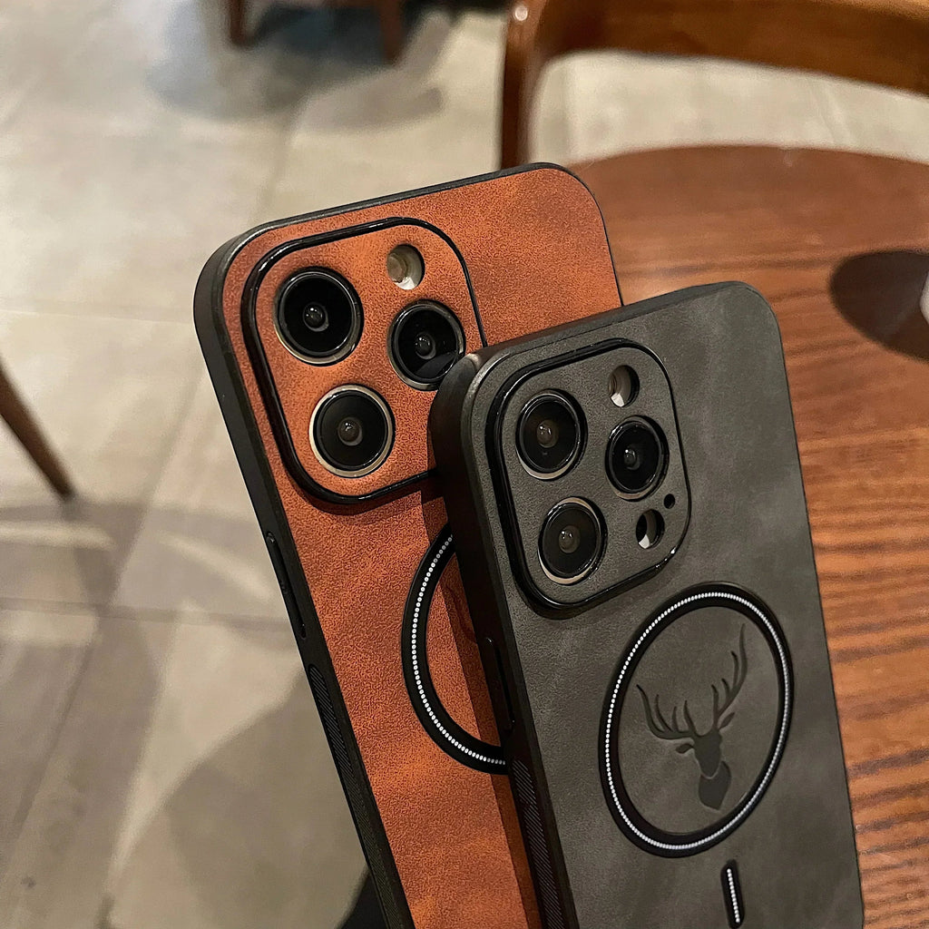 Luxury Deer Leather Apple iPhone Case | Magnetic Phone Case, Wireless Case, MagSafe, Wireless Charging, Protective Case, Cover for iPhone 15, 14, 13 Pro Max Plus