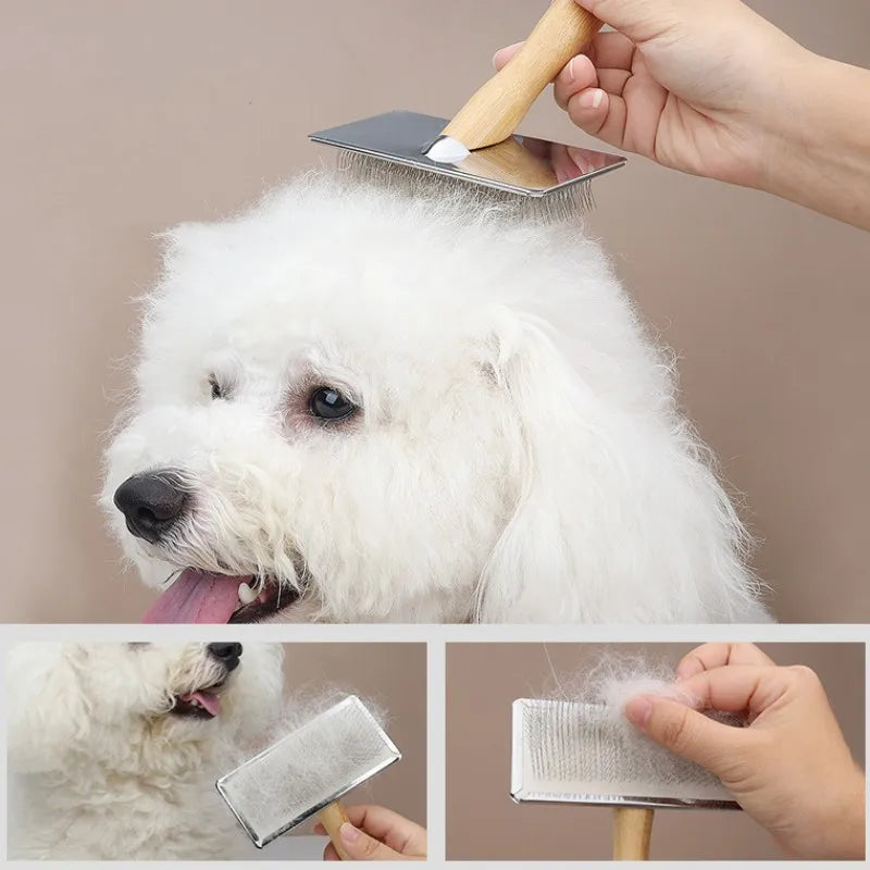 PuroPetz Dog & Cat Brush Made of Solid Wood | Stainless Steel Comb | Removes Undercoat & Tangles | Soft Coat Care & Massage