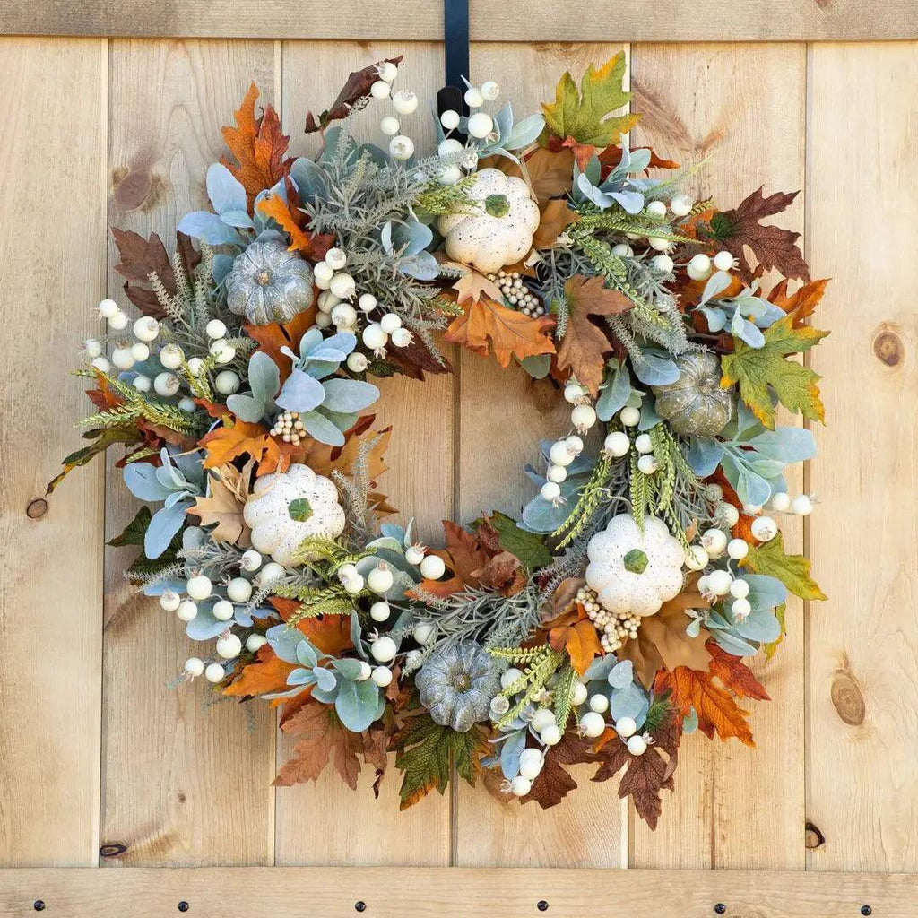 AutumnPumpkin Autumn Wreath with Maple Leaves and Pumpkins – Front Door Decoration