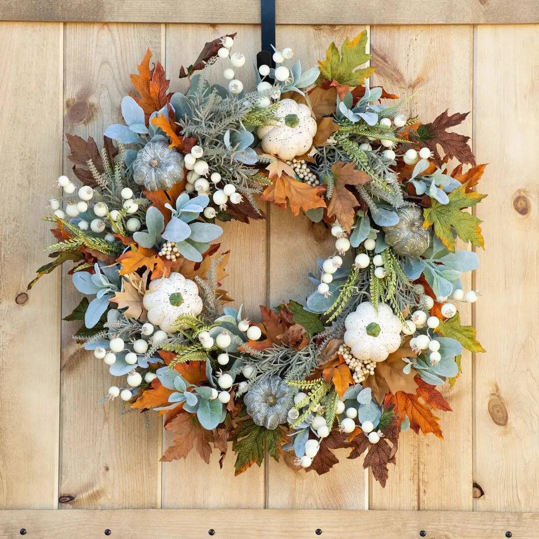 AutumnPumpkin Autumn Wreath with Maple Leaves and Pumpkins – Front Door Decoration