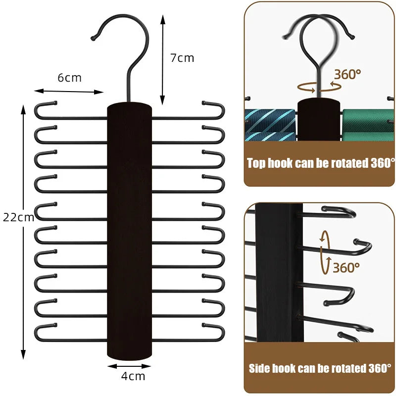 OrganizePro Holzico | Tie & Belt Holder | 20 Rotatable Hooks | For the Style-Conscious