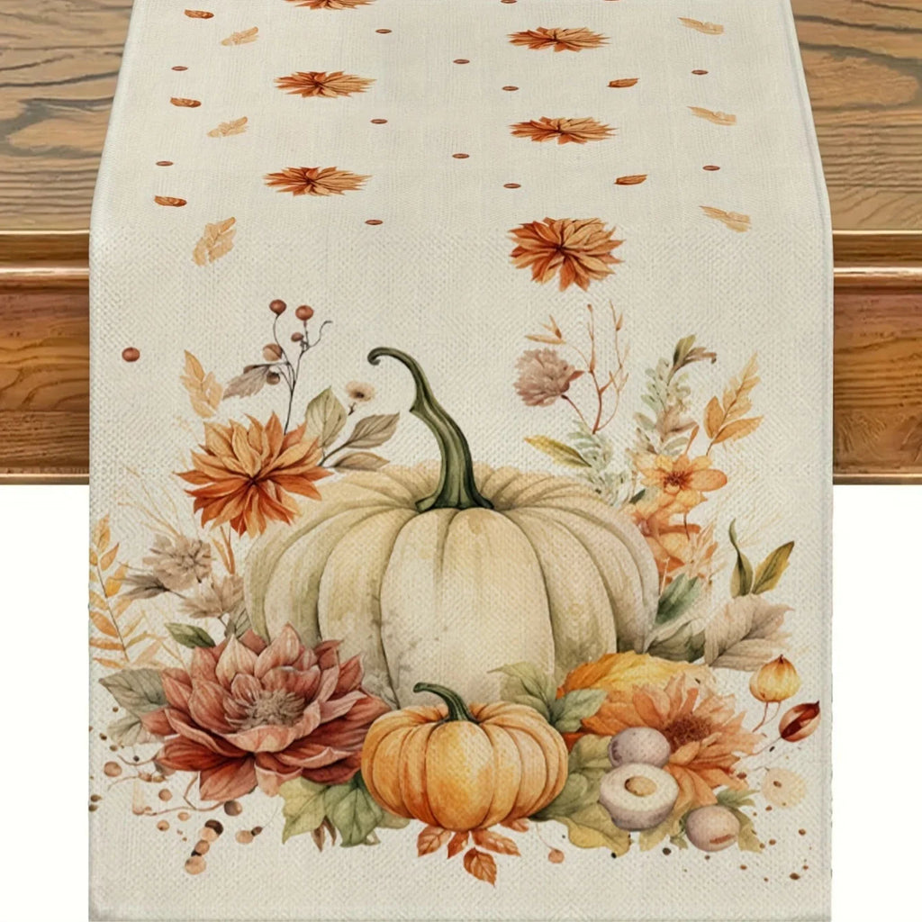 Autumna Autumn Table Runner | Pumpkin & Flower Motif | Washable & Durable | Linen Look | 150–275 × 33 cm