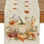 Autumna Autumn Table Runner | Pumpkin & Flower Motif | Washable & Durable | Linen Look | 150–275 × 33 cm