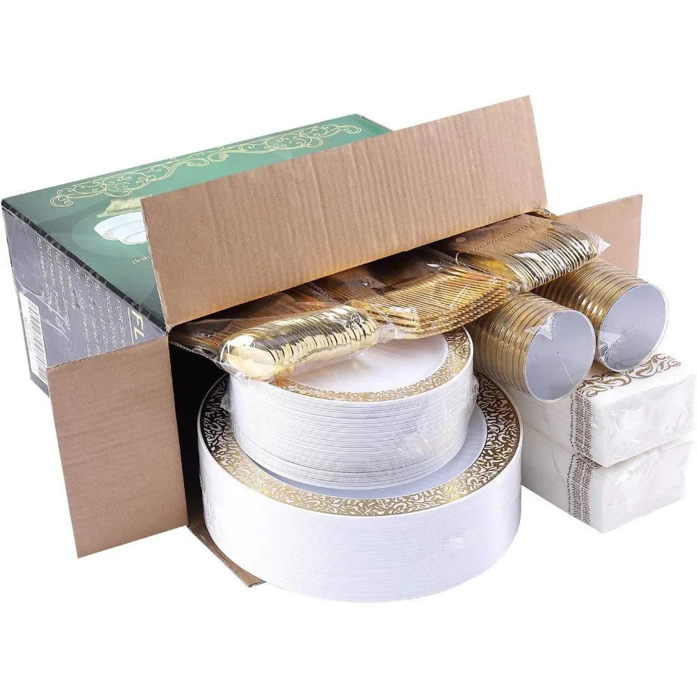 350pcs Disposable Gold Lace Dinnerware Set for 50 Guests