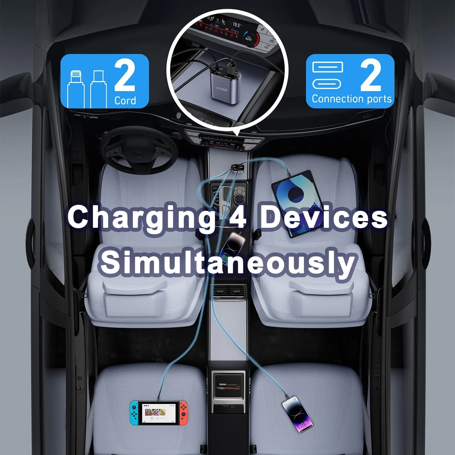Car Retractable 4 in 1 Fast Charger With Roof Lighting