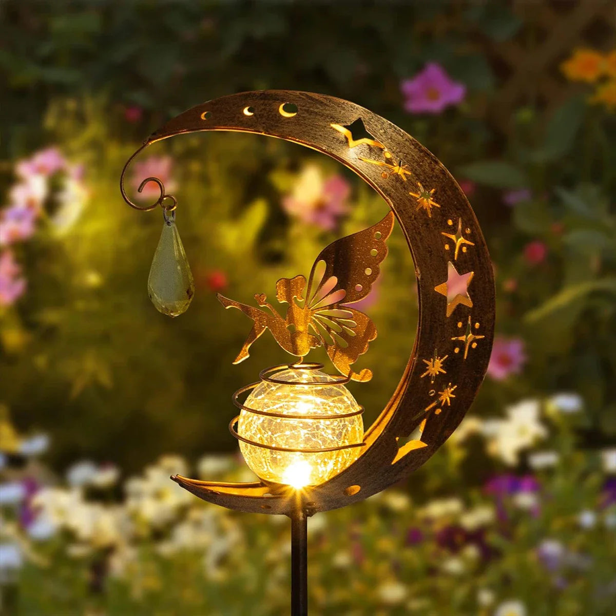 Lunafeya Solar Garden Light with Moon & Fairy | Crackle Glass Ball | IP55 Waterproof | Romantic Decor for Path & Bed