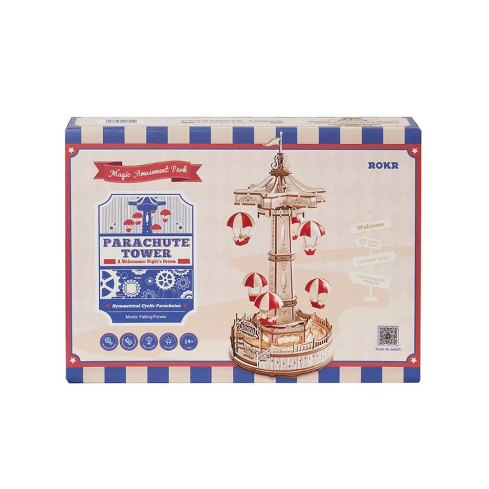 ROKR Parachute Tower Music Box | 3D Wooden Puzzle with Movement & Light | DIY Kit 184 Pieces | Magical Carnival for Kids & Adults