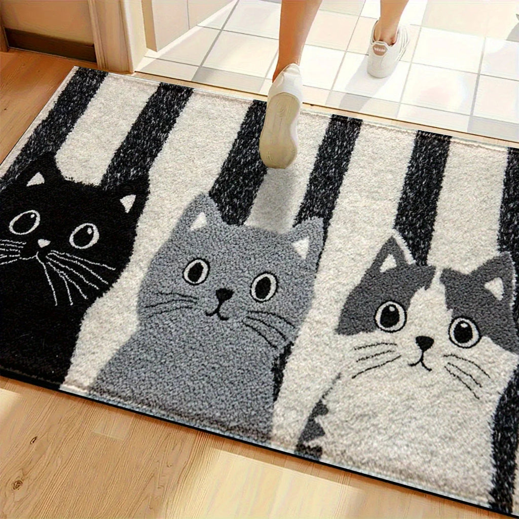 Cat Rug Miyono | Soft & Waterproof | Non-slip Mat with Stripes & Cartoon Cat Design | For Bedroom, Hallway & Living Room