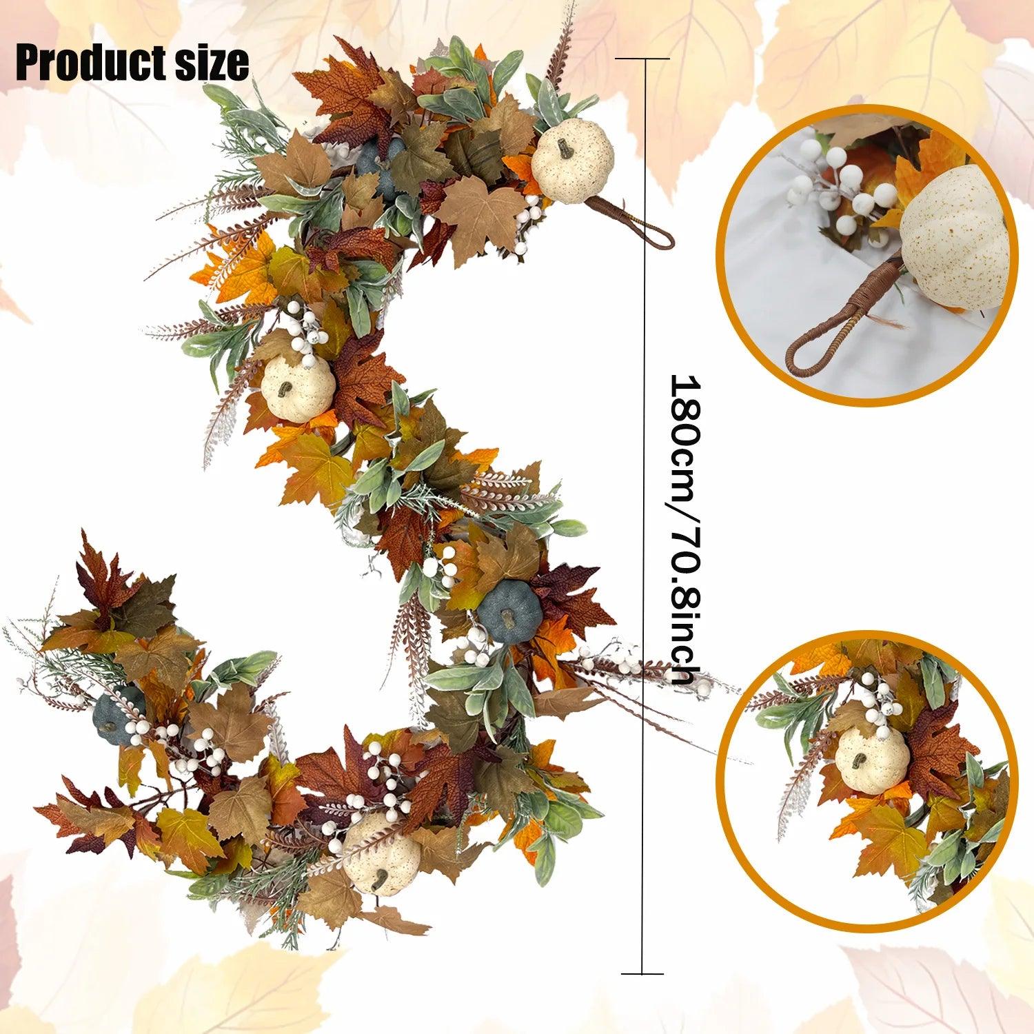 AutumnPumpkin Autumn Wreath with Maple Leaves and Pumpkins – Front Door Decoration