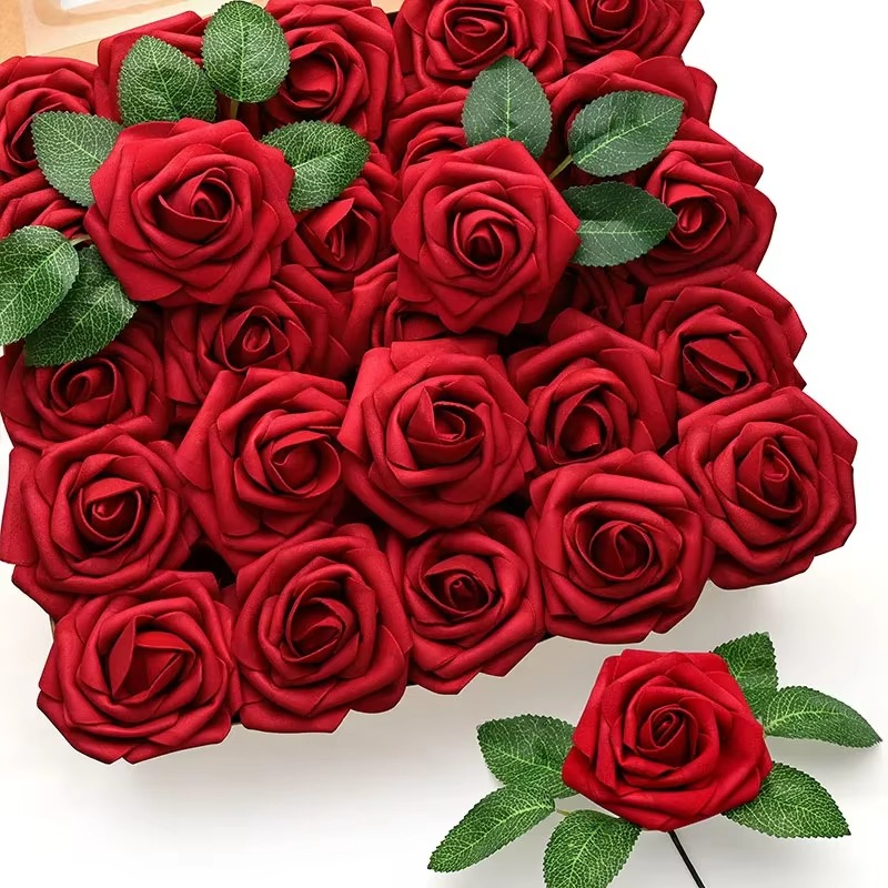 Realistic Red Artificial Roses with Stems (Pack of 25/10)