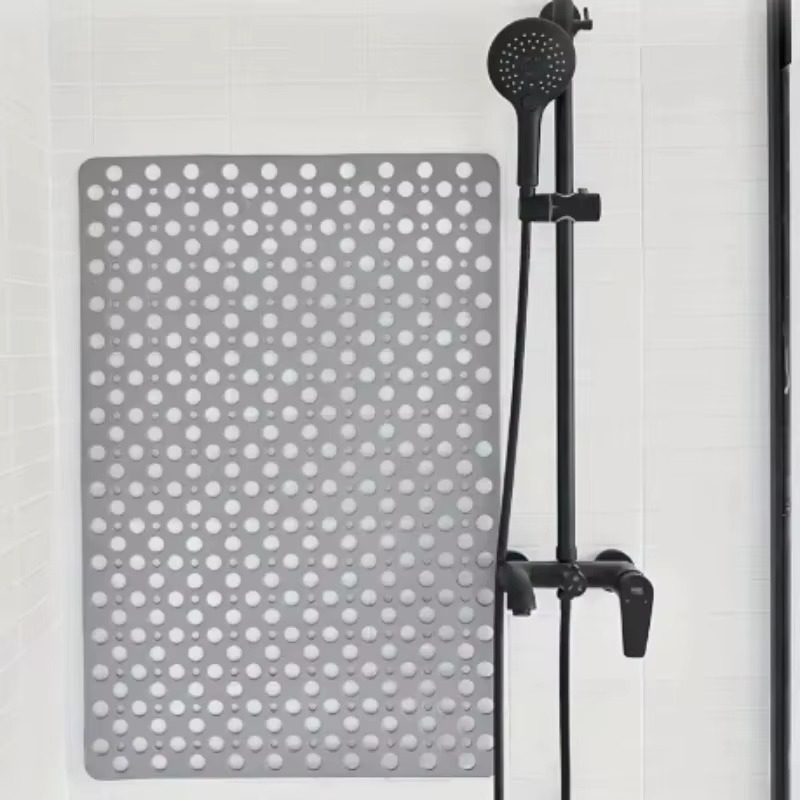 Square Non-Slip Shower Mat with Suction Cups and Quick-Drain Round Hole Design