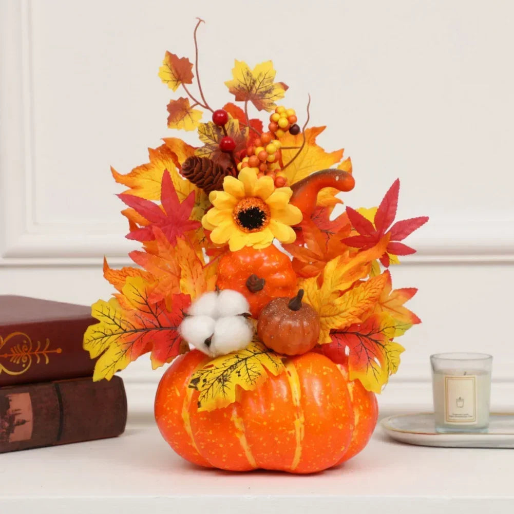 Autumn Magic | Decorative Pumpkin with Artificial Flowers | 25–30 cm | Autumn & Halloween Decor