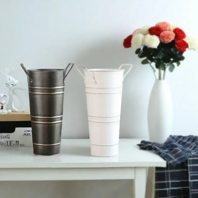 Retro Iron Flower Bucket with Handles – Decorative Metal Flower Pot for Home