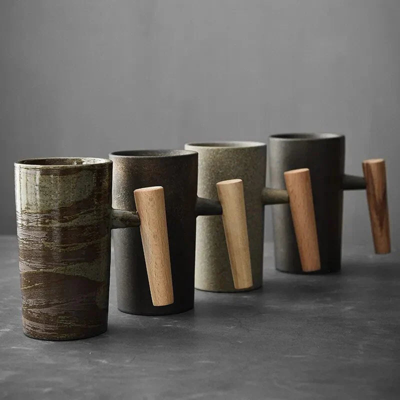 Nordic Design Mug – Minimalist Ceramic Mug with Wooden Handle