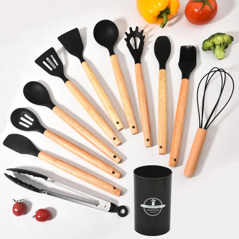Culinora Silicone Kitchen Utensils Set | Heat Resistant up to 230 °C | 12-piece with Wooden Handles | Whisk, Spatula, Tongs & more