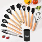 Culinora Silicone Kitchen Utensils Set | Heat Resistant up to 230 °C | 12-piece with Wooden Handles | Whisk, Spatula, Tongs & more