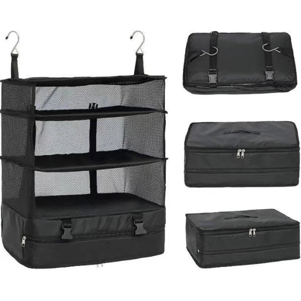 Packelier Suitcase Organizer | Hanging Shelf for Travel | 3 Compartments | Foldable & Water-Resistant | Black
