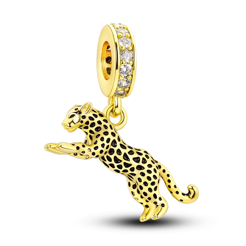 925 Silver Golden Leopard Charms Beads Colorful Chameleon Rhinoceros Lion Scarab Cat Pendant Compatible with Original Pandora Bracelet Jewelry