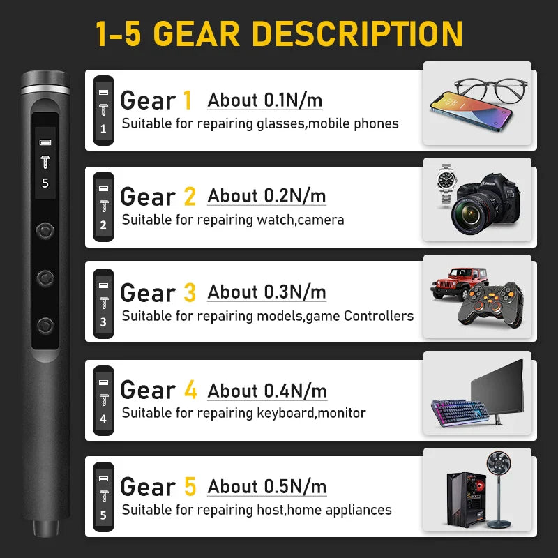 Precision Electric Screwdriver with 5 Torque Settings and LED Light