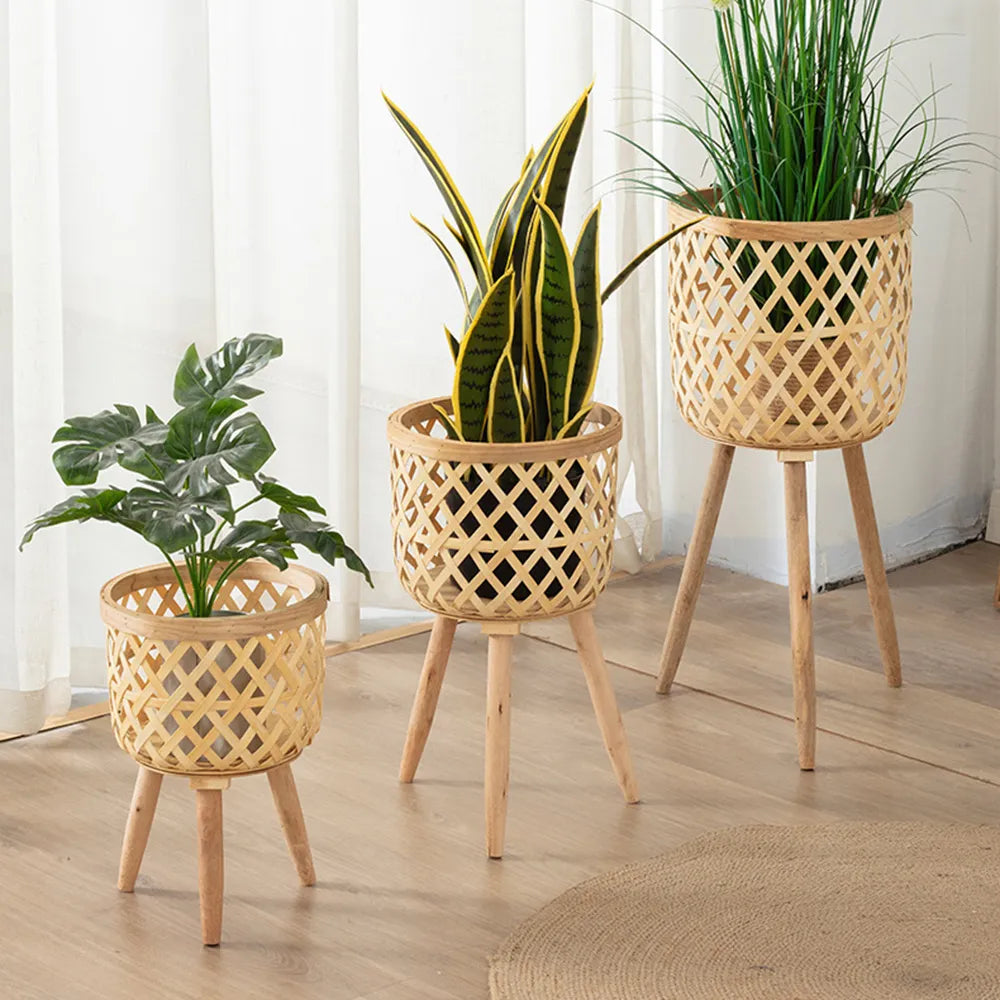 Handcrafted Bamboo Woven Flower Pot with Stand Plant Flower Display Storage Stand DIY Storage Children's Plant Pots Home Decor