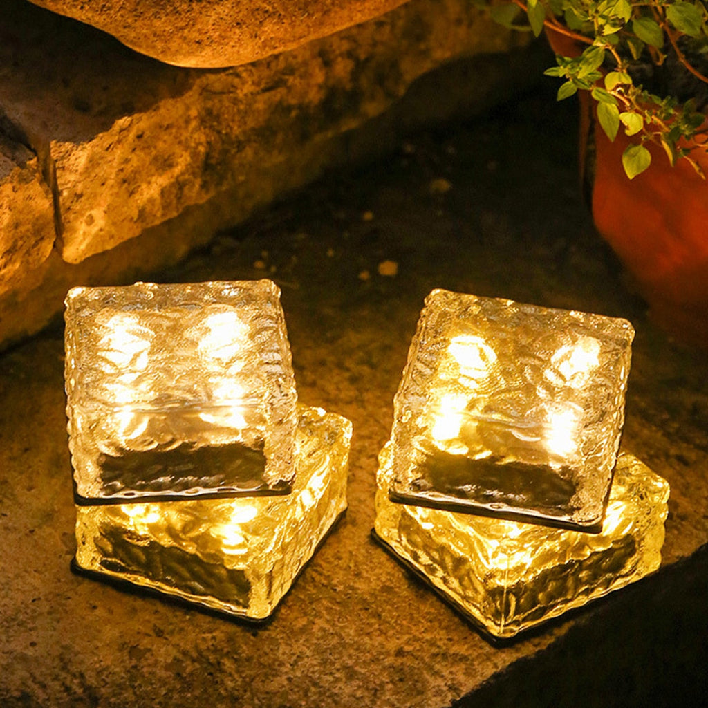 Waterproof solar-powered ice cube lamp for stylish garden and terrace atmosphere