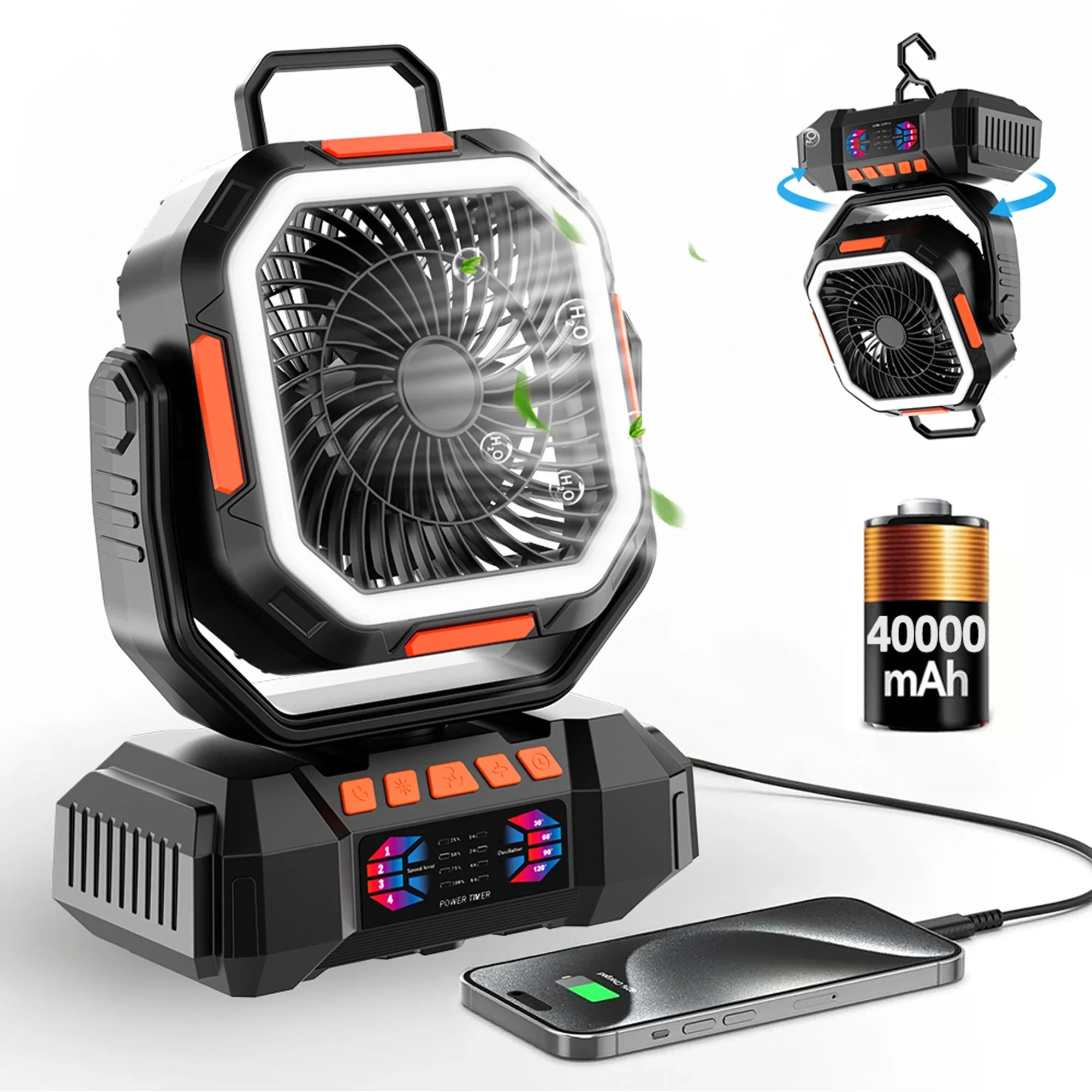 Rechargeable Camping Fan with 40000mAh Battery & LED Lantern – F22