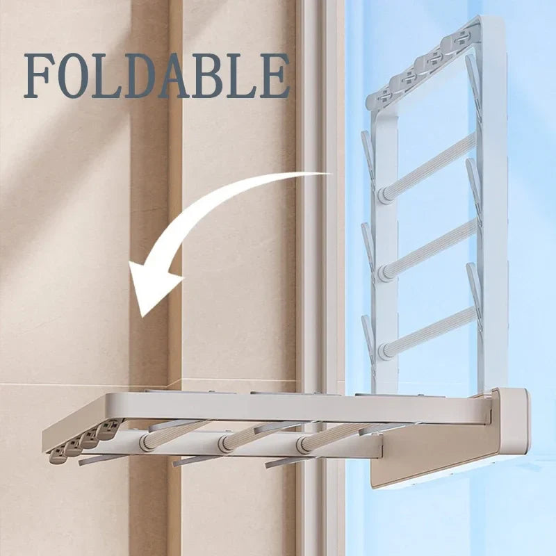 DryFold Wall-Mounted Folding Clothes Drying Rack | Foldable & Space-Saving | With Wind-Resistant Clips | Plastic/Stainless Steel