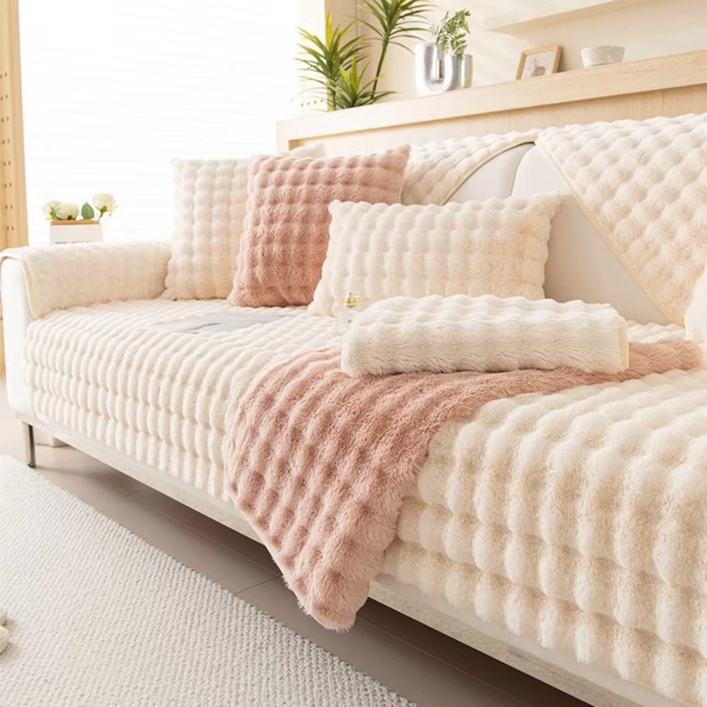 Plush Bubble-Textured Faux Rabbit Fur Sofa Slipcover - Non-Slip Couch Cushion Cover for Living Room