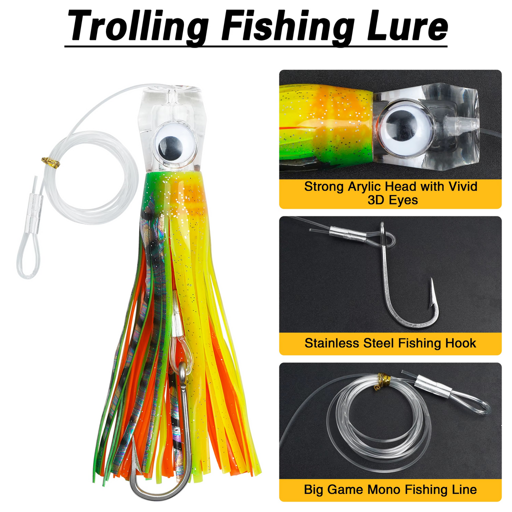 5pcs Rigged Trolling Skirt Tuna Lures for Mahi, Marlin, Shark, and Wahoo – Big Game Saltwater Fishing Lures